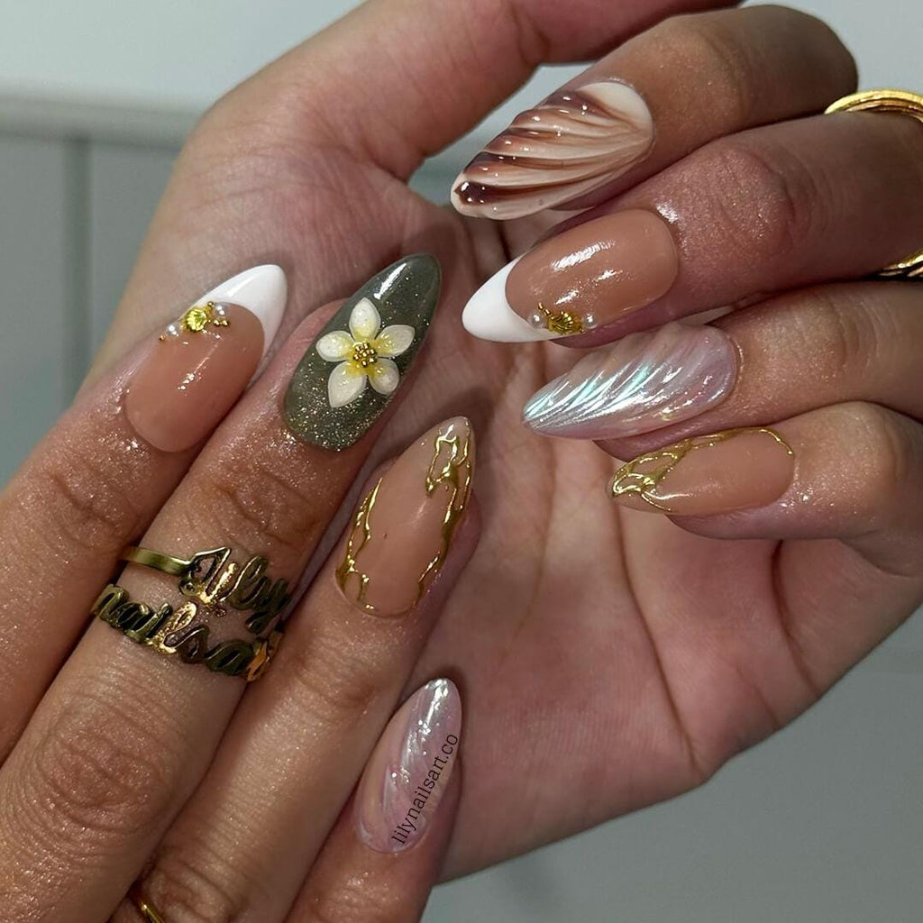 Summer Press on Nails with Plumeria & Seashell | Pastel Fake Nails in Medium Almond | Handmade Nail Art for Vacation, Holiday, Everyday Wear