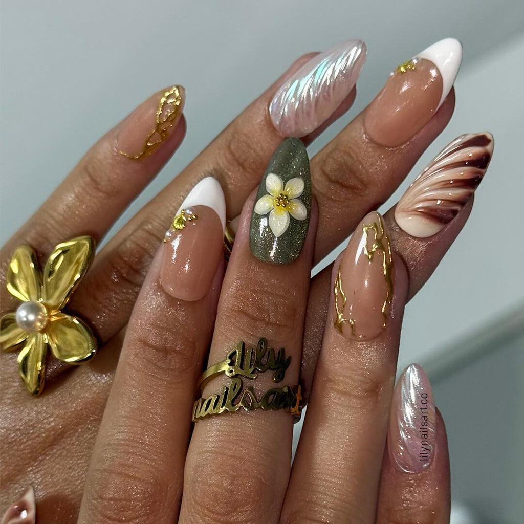 Summer Press on Nails with Plumeria & Seashell | Pastel Fake Nails in Medium Almond | Handmade Nail Art for Vacation, Holiday, Everyday Wear