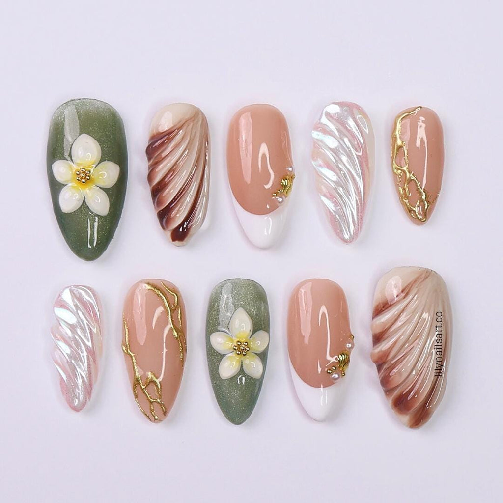 Summer Press on Nails with Plumeria & Seashell | Pastel Fake Nails in Medium Almond | Handmade Nail Art for Vacation, Holiday, Everyday Wear