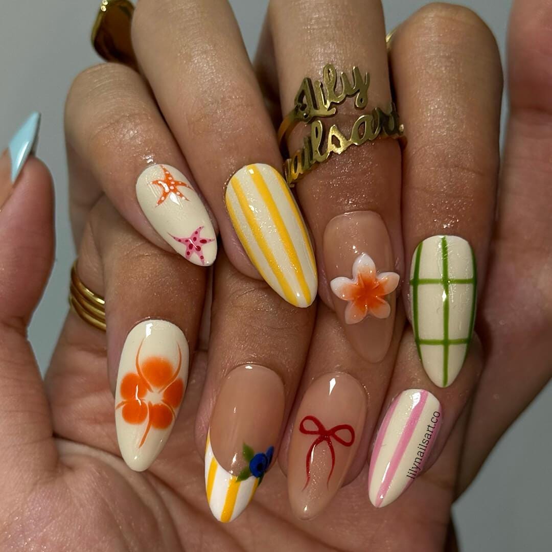 Playful Summer Press on Nails with Fruit, Flower & Starfish | Cute Fake Nails in Medium Almond | Handmade Nail Art for Vacation, Beach, Gift