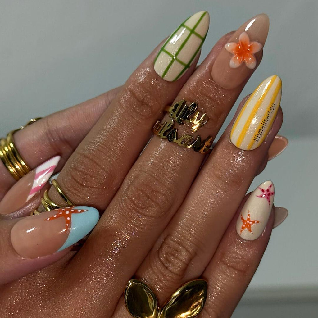 Playful Summer Press on Nails with Fruit, Flower & Starfish | Cute Fake Nails in Medium Almond | Handmade Nail Art for Vacation, Beach, Gift