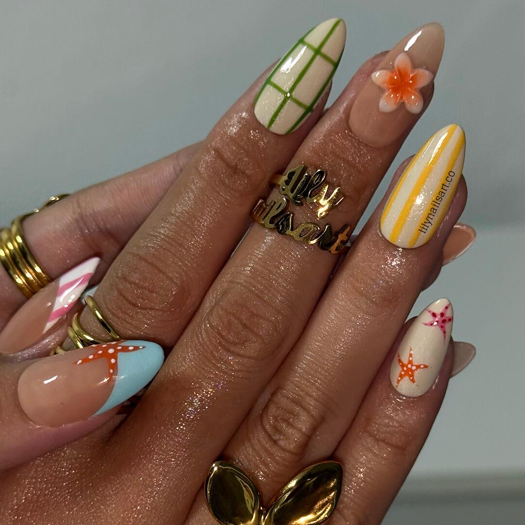Playful Summer Press on Nails with Fruit, Flower & Starfish | Cute Fake Nails in Medium Almond | Handmade Nail Art for Vacation, Beach, Gift
