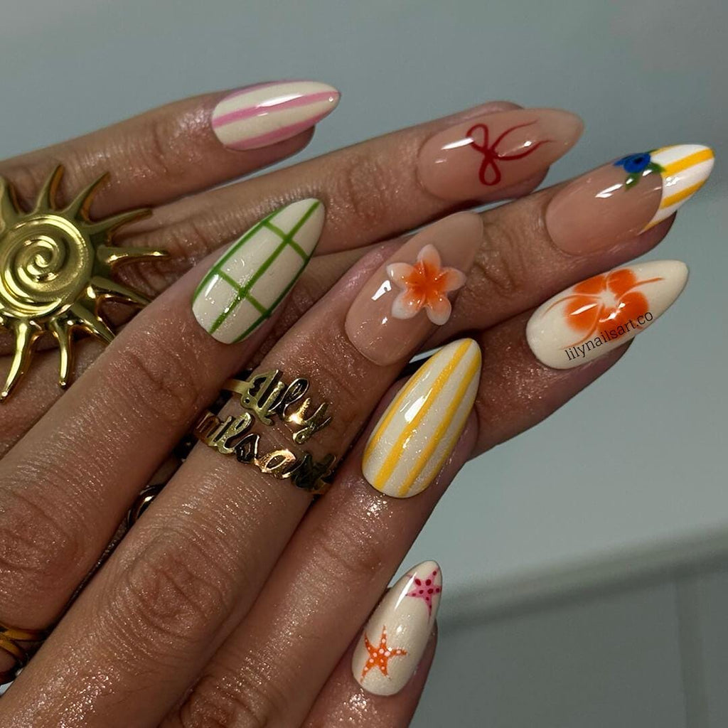 Playful Summer Press on Nails with Fruit, Flower & Starfish | Cute Fake Nails in Medium Almond | Handmade Nail Art for Vacation, Beach, Gift