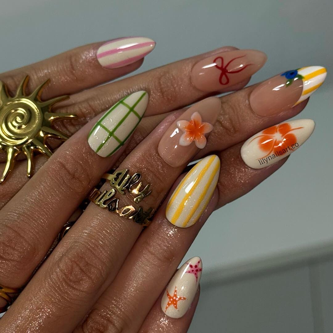Playful Summer Press on Nails with Fruit, Flower & Starfish | Cute Fake Nails in Medium Almond | Handmade Nail Art for Vacation, Beach, Gift