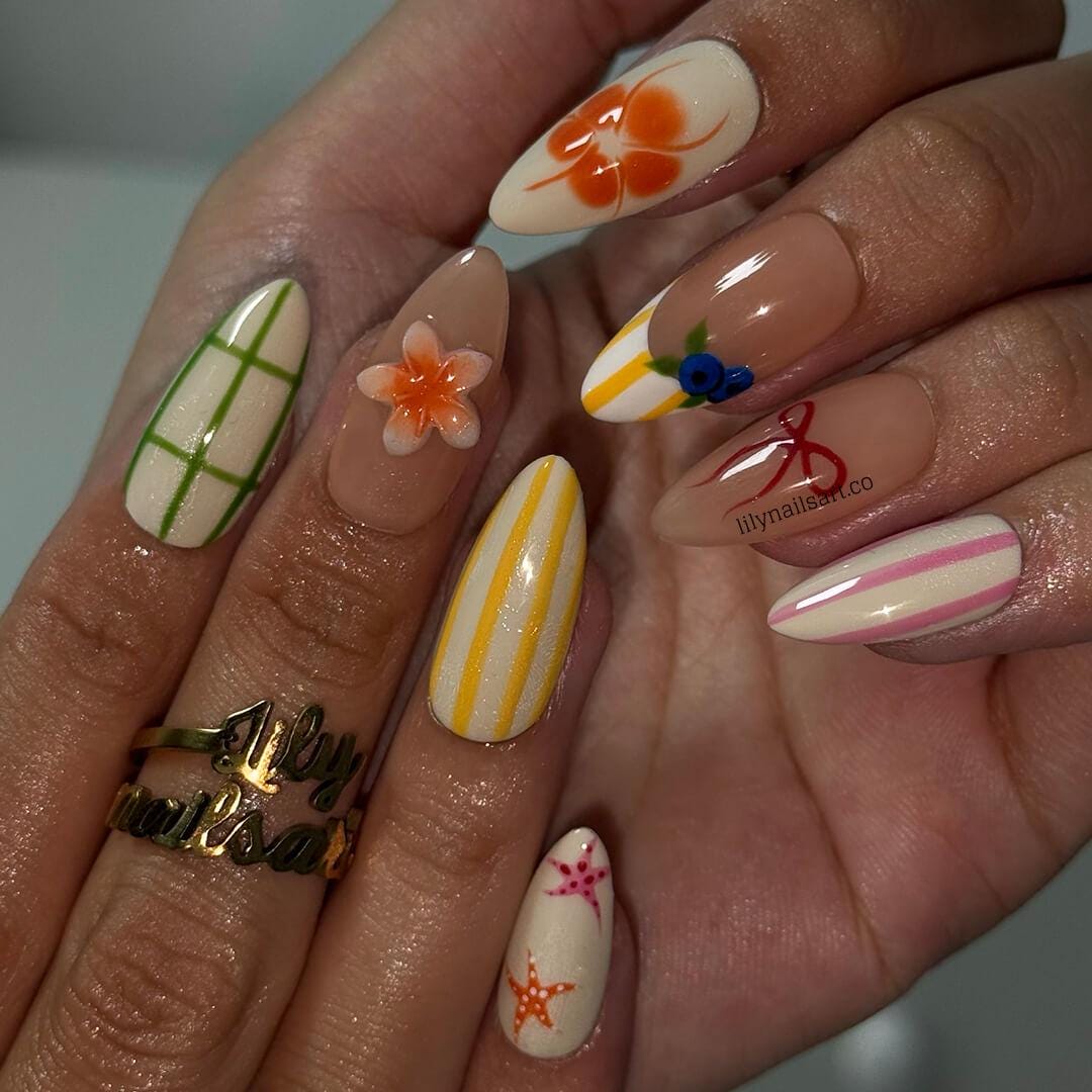Playful Summer Press on Nails with Fruit, Flower & Starfish | Cute Fake Nails in Medium Almond | Handmade Nail Art for Vacation, Beach, Gift