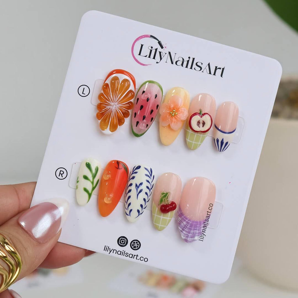 Summer Press on Nails with Fruit & Floral Accents | Cute Handmade Fake Nails in Medium Almond | Fun Nail Art for Vacation, Beach Day or Gift