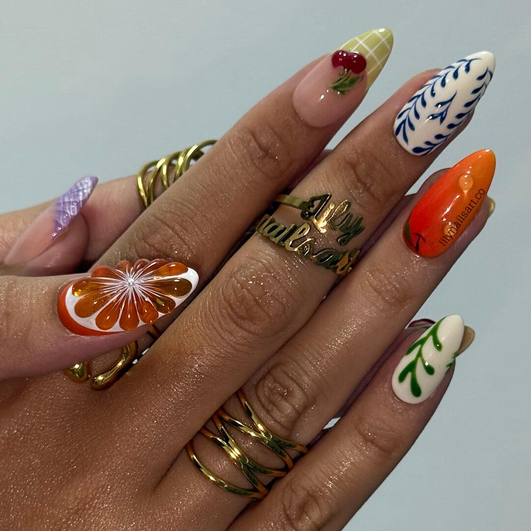 Summer Press on Nails with Fruit & Floral Accents | Cute Handmade Fake Nails in Medium Almond | Fun Nail Art for Vacation, Beach Day or Gift