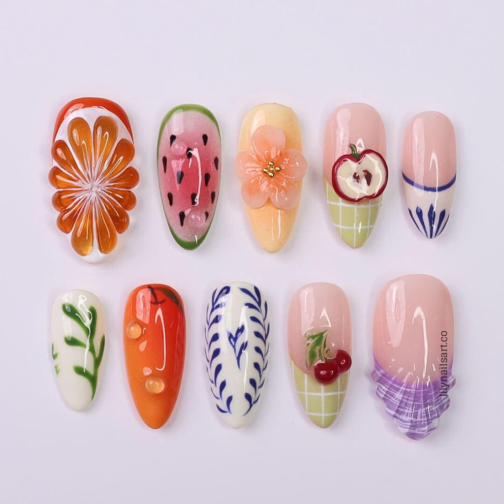 Summer Press on Nails with Fruit & Floral Accents | Cute Handmade Fake Nails in Medium Almond | Fun Nail Art for Vacation, Beach Day or Gift