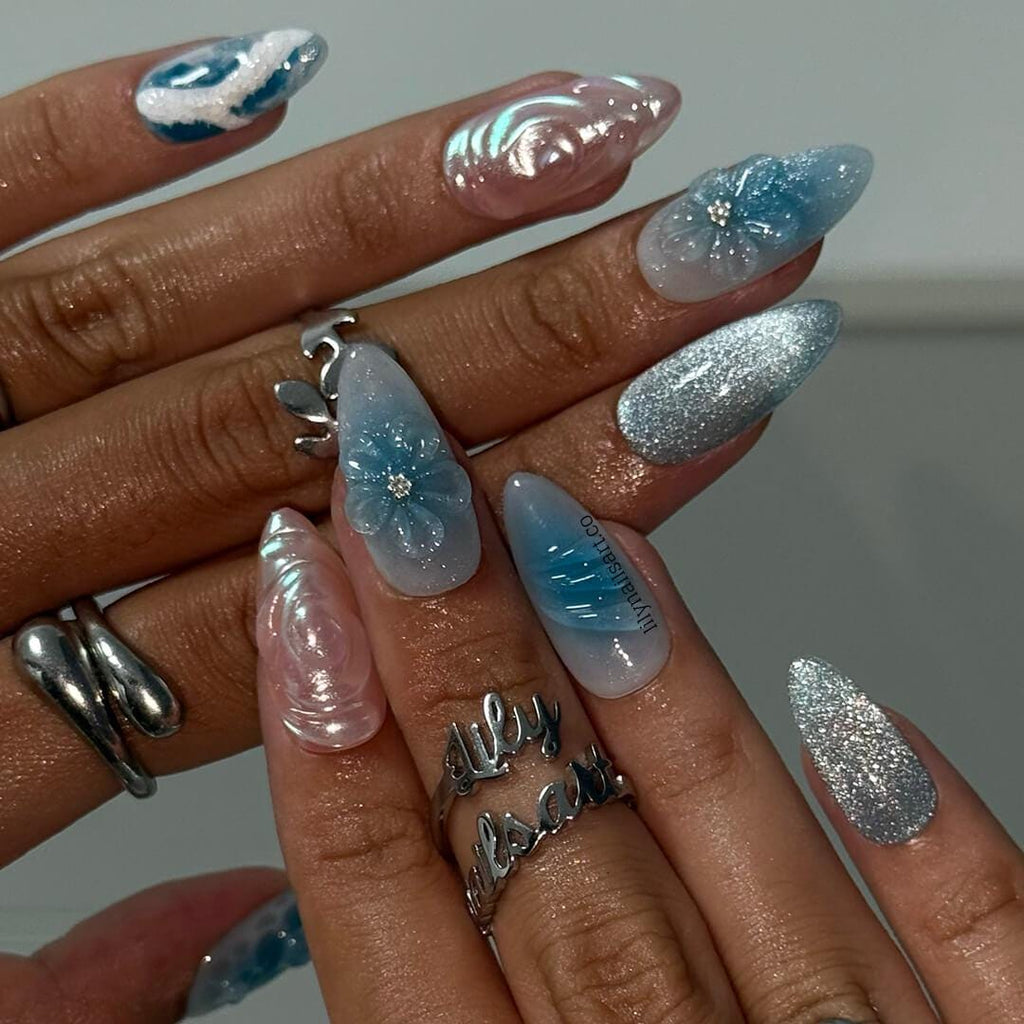 Summer Press on Nail with Ocean Waves & Pearl Rose | 3D Blue Fake Nails in Medium Almond | Handmade Beach Nail Art for Vacation, Party, Gift