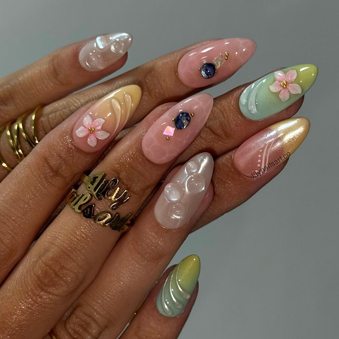 Summer Press on Nails with Pastel Flowers | French Tip Fake Nails in Medium Almond | Handmade Nail Art for Vacation, Beach & Everyday Wear