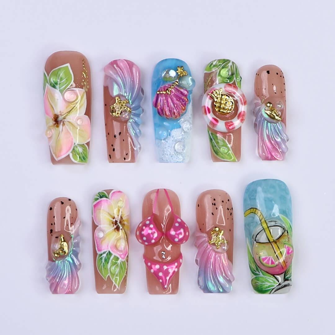 Summer Press on Nails Bikini Art with Plumerias & Seashells | 3D Fake Nails in Long Square | Handmade Nail Art for Holiday, Vacation, Party