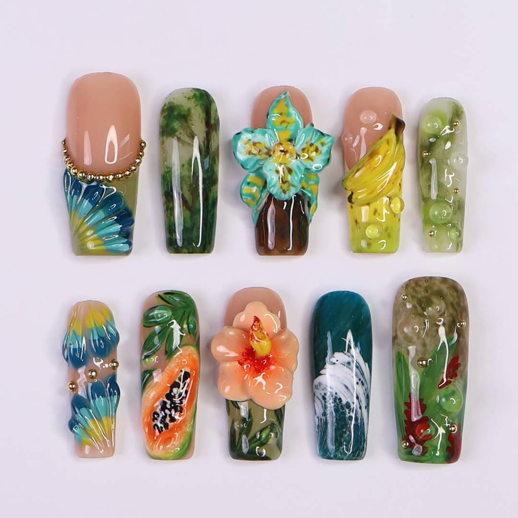 Tropical Press on Nails with Papaya, Banana | 3D Floral Fake Nails in Long Square | Jungle-Inspired Handmade Nail Art for Summer, Vacation
