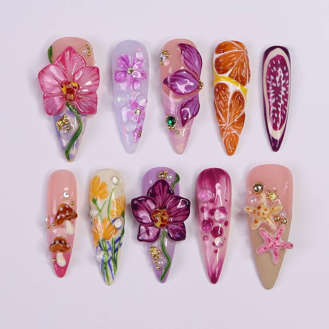 Summer Press on Nails with Orchid, Fruit & Starfish | 3D Fake Nails in Long Almond | Whimsical Handmade Nail Art for Summer, Vacation, Party