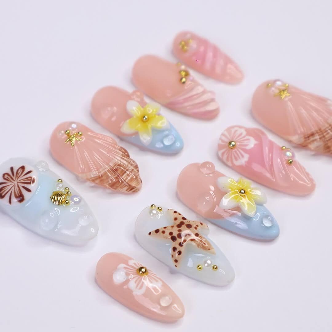 Summer Press on Nails with Starfish & Plumeria | 3D Fake Nails in Medium Almond | Handmade Ocean Nail Art for Vacation, Holiday, Birthday