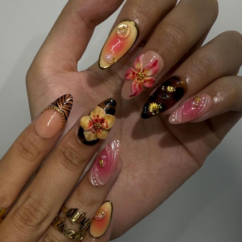 Summer Press on Nails with Sun & Gold Detail | 3D Floral Fake Nails in Medium Almond | Handmade Ocean Nail Art for Holiday, Vacation, Party