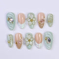 Summer Press on Nails with Mint Green Flower & Shell | 3D Fake Nails in Medium Almond | Handmade Ocean Nail Art for Holiday, Vacation, Party