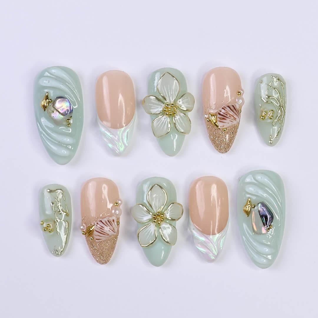 Summer Press on Nails with Mint Green Flower & Shell | 3D Fake Nails in Medium Almond | Handmade Ocean Nail Art for Holiday, Vacation, Party