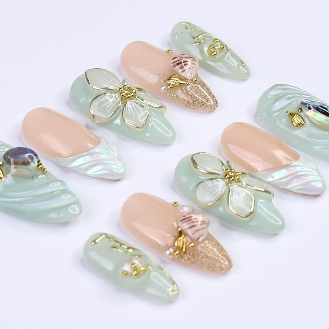 Summer Press on Nails with Mint Green Flower & Shell | 3D Fake Nails in Medium Almond | Handmade Ocean Nail Art for Holiday, Vacation, Party