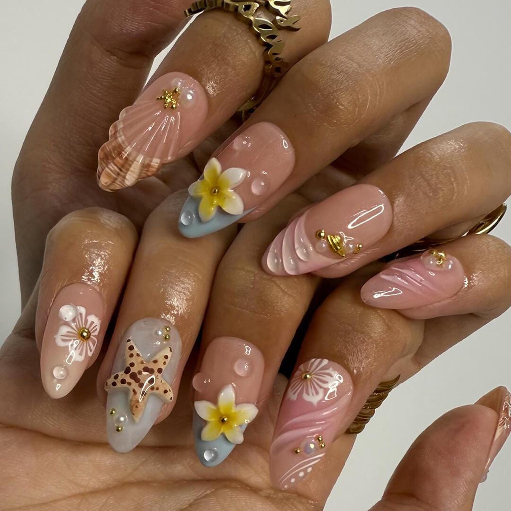 Summer Press on Nails with Starfish & Plumeria | 3D Fake Nails in Medium Almond | Handmade Ocean Nail Art for Vacation, Holiday, Birthday