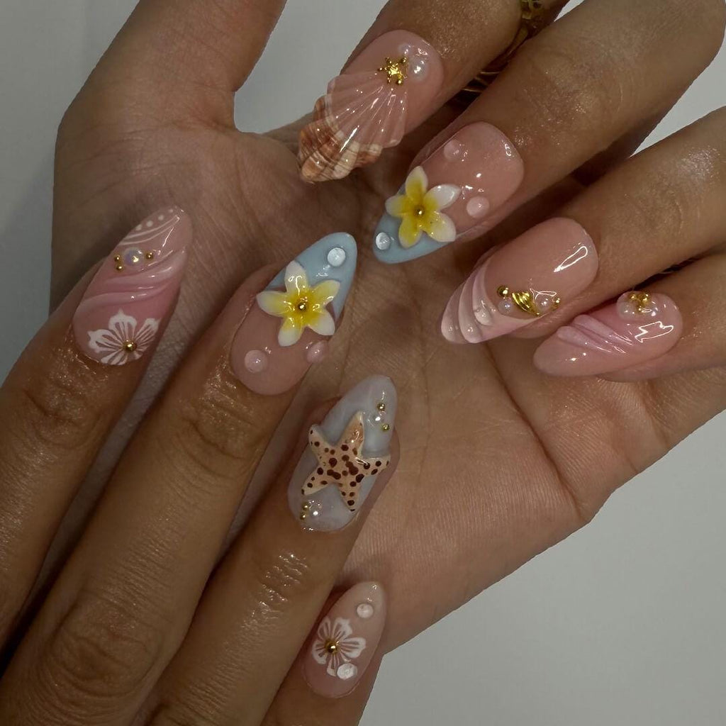 Summer Press on Nails with Starfish & Plumeria | 3D Fake Nails in Medium Almond | Handmade Ocean Nail Art for Vacation, Holiday, Birthday