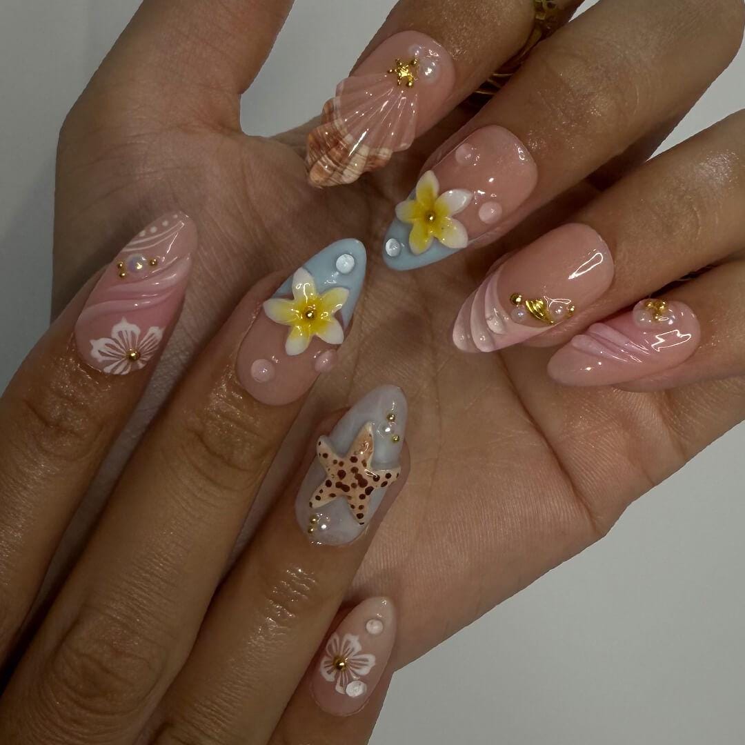 Summer Press on Nails with Starfish & Plumeria | 3D Fake Nails in Medium Almond | Handmade Ocean Nail Art for Vacation, Holiday, Birthday