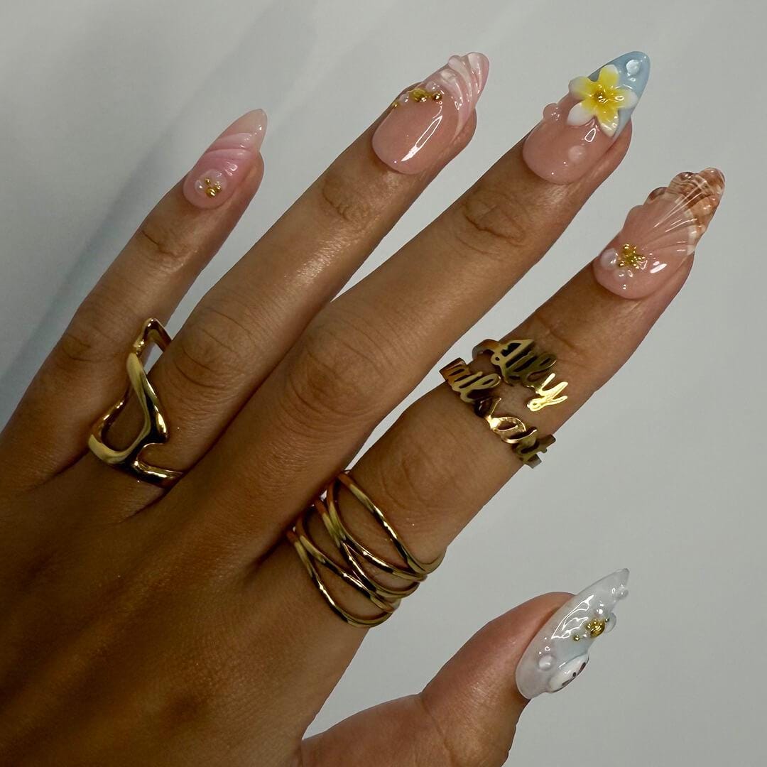Summer Press on Nails with Starfish & Plumeria | 3D Fake Nails in Medium Almond | Handmade Ocean Nail Art for Vacation, Holiday, Birthday