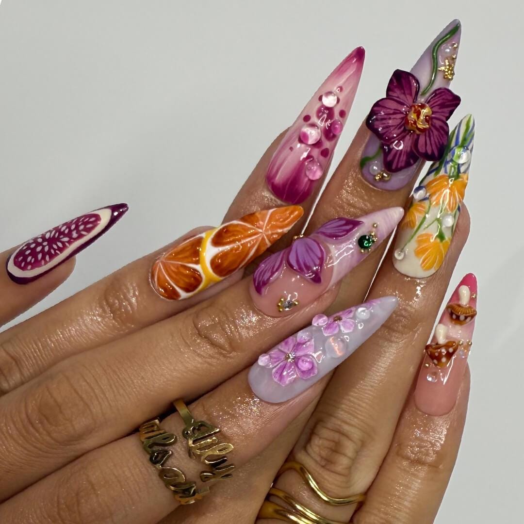 Summer Press on Nails with Orchid, Fruit & Starfish | 3D Fake Nails in Long Almond | Whimsical Handmade Nail Art for Summer, Vacation, Party