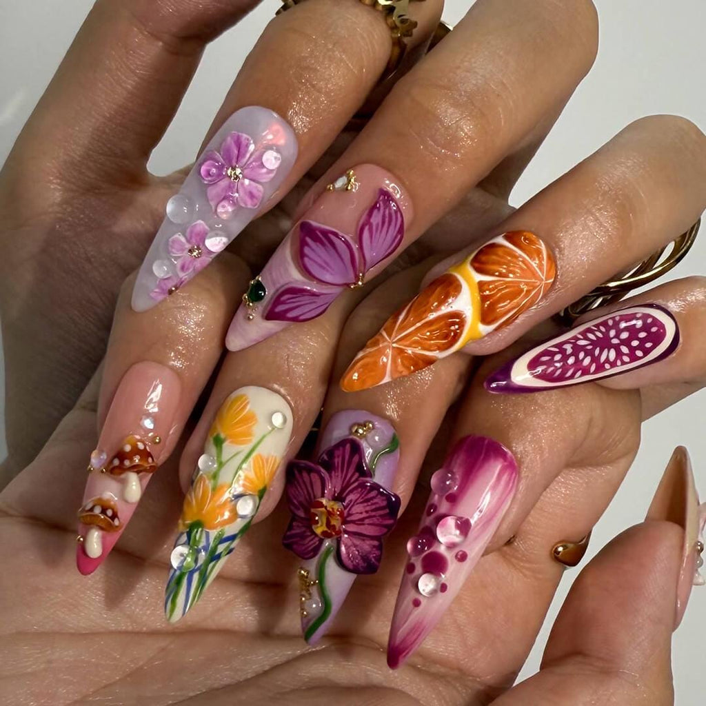 Summer Press on Nails with Orchid, Fruit & Starfish | 3D Fake Nails in Long Almond | Whimsical Handmade Nail Art for Summer, Vacation, Party