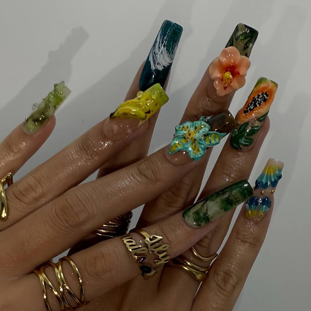 Tropical Press on Nails with Papaya, Banana | 3D Floral Fake Nails in Long Square | Jungle-Inspired Handmade Nail Art for Summer, Vacation