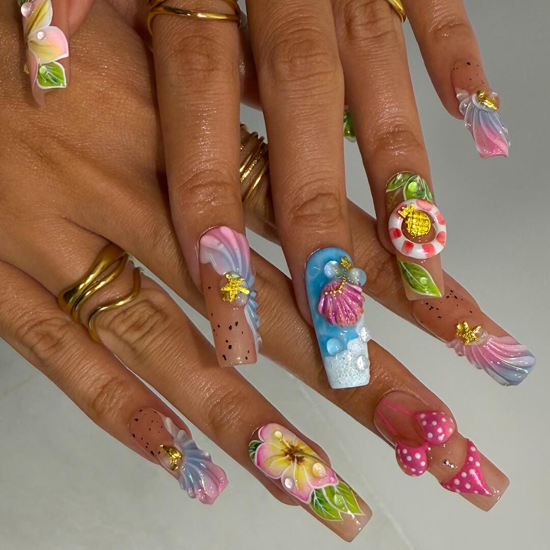Summer Press on Nails Bikini Art with Plumerias & Seashells | 3D Fake Nails in Long Square | Handmade Nail Art for Holiday, Vacation, Party