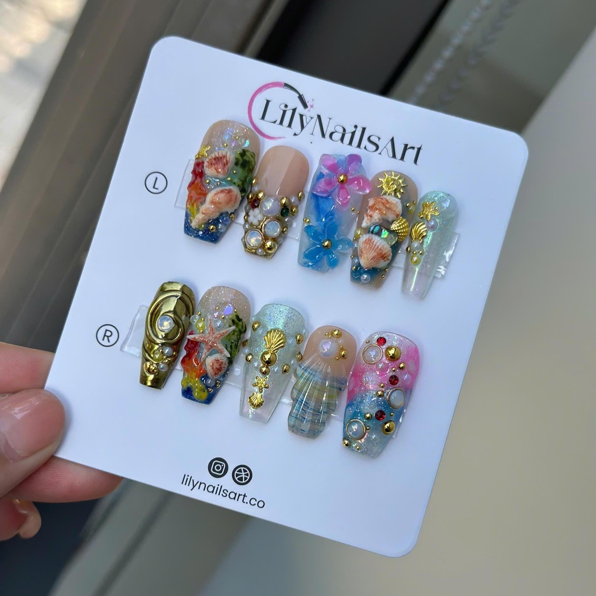 Summer Press On Nails Ocean Garden with Seashell | 3D Flower Fake Nails in Long Square | Handmade Nail Art for Holiday, Vacation, Birthday