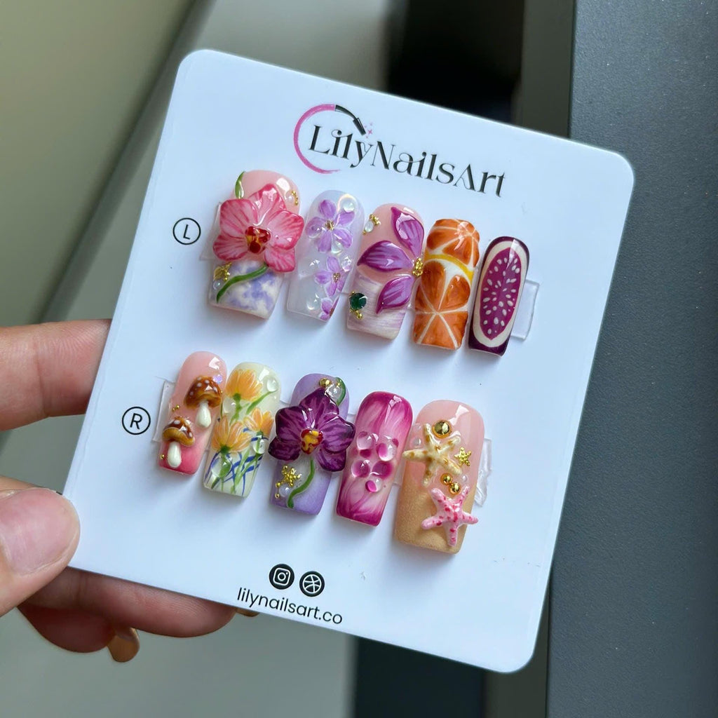 Summer Press on Nails with Orchid, Fruit & Starfish | 3D Fake Nails in Long Almond | Whimsical Handmade Nail Art for Summer, Vacation, Party