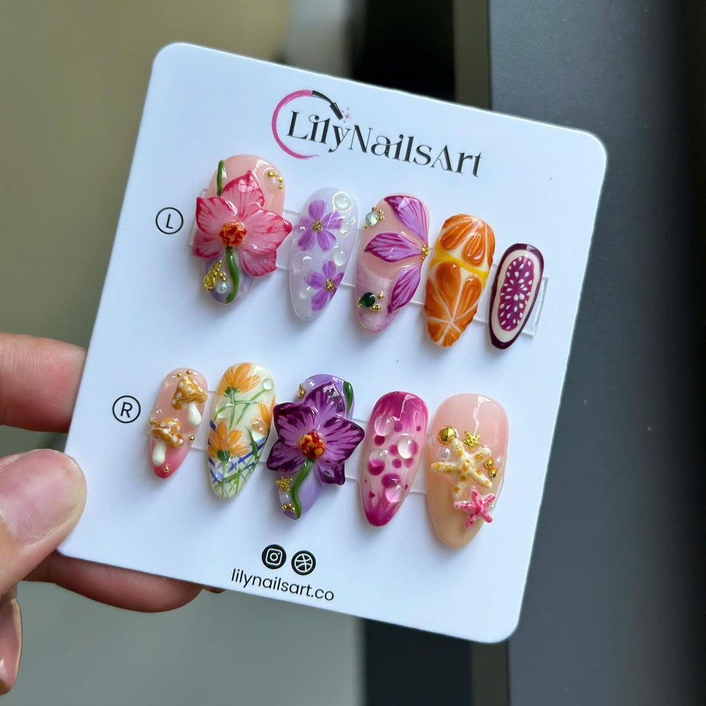 Summer Press on Nails with Orchid, Fruit & Starfish | 3D Fake Nails in Long Almond | Whimsical Handmade Nail Art for Summer, Vacation, Party