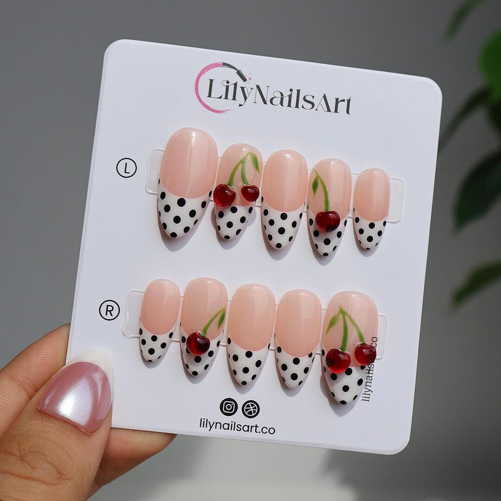 Polka Dot Press On Nails in Black & White, Medium Almond Fake Nails with 3D Cherry, Custom Handmade Nail Art for Retro Summer Look