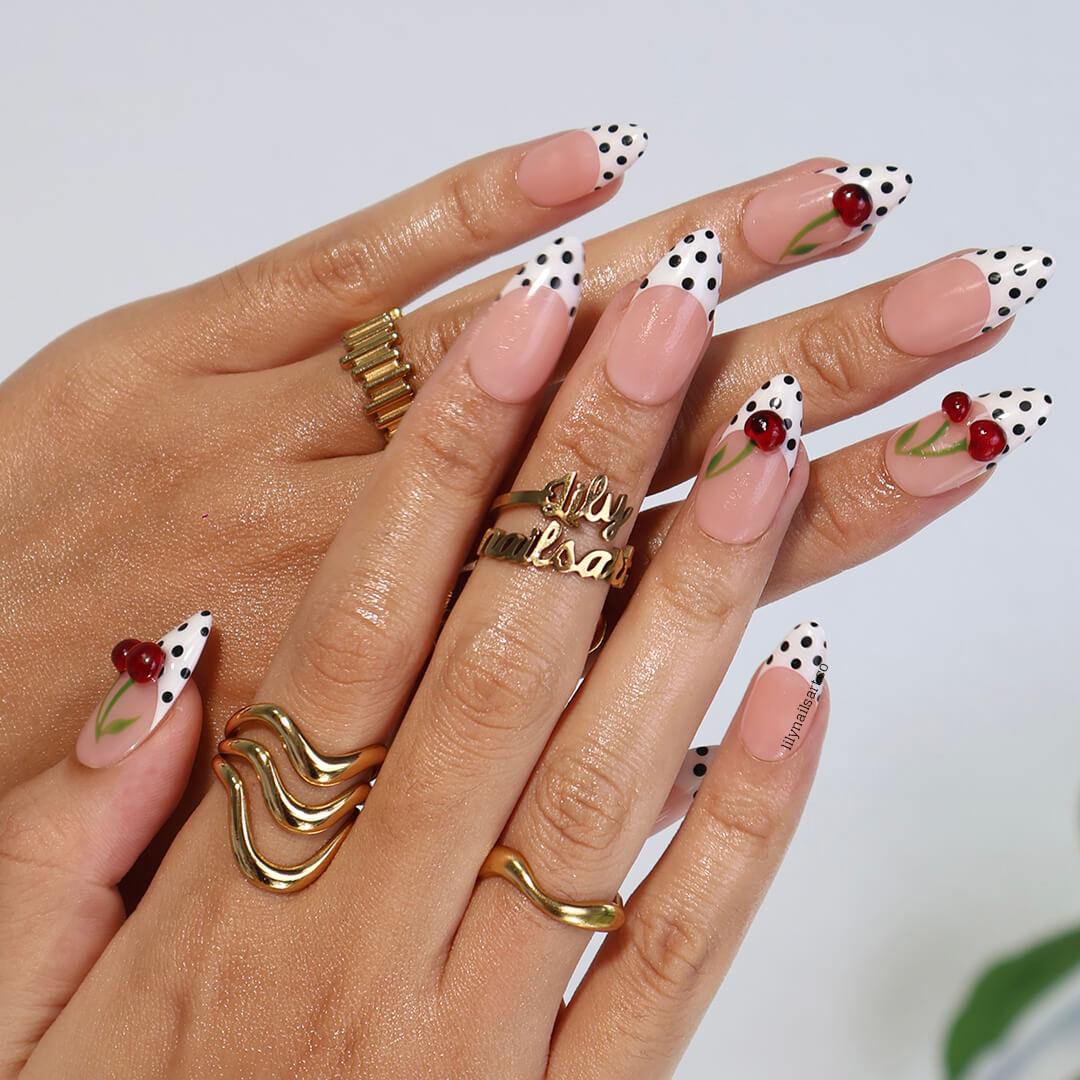 Polka Dot Press On Nails in Black & White, Medium Almond Fake Nails with 3D Cherry, Custom Handmade Nail Art for Retro Summer Look