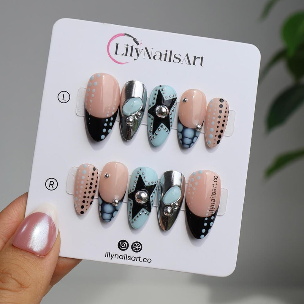 Trending Polka Dot Press On Nails in Blue & Silver Chrome, Medium Almond Black and White Fake Nails, Custom Nail Art for Party or Night Out