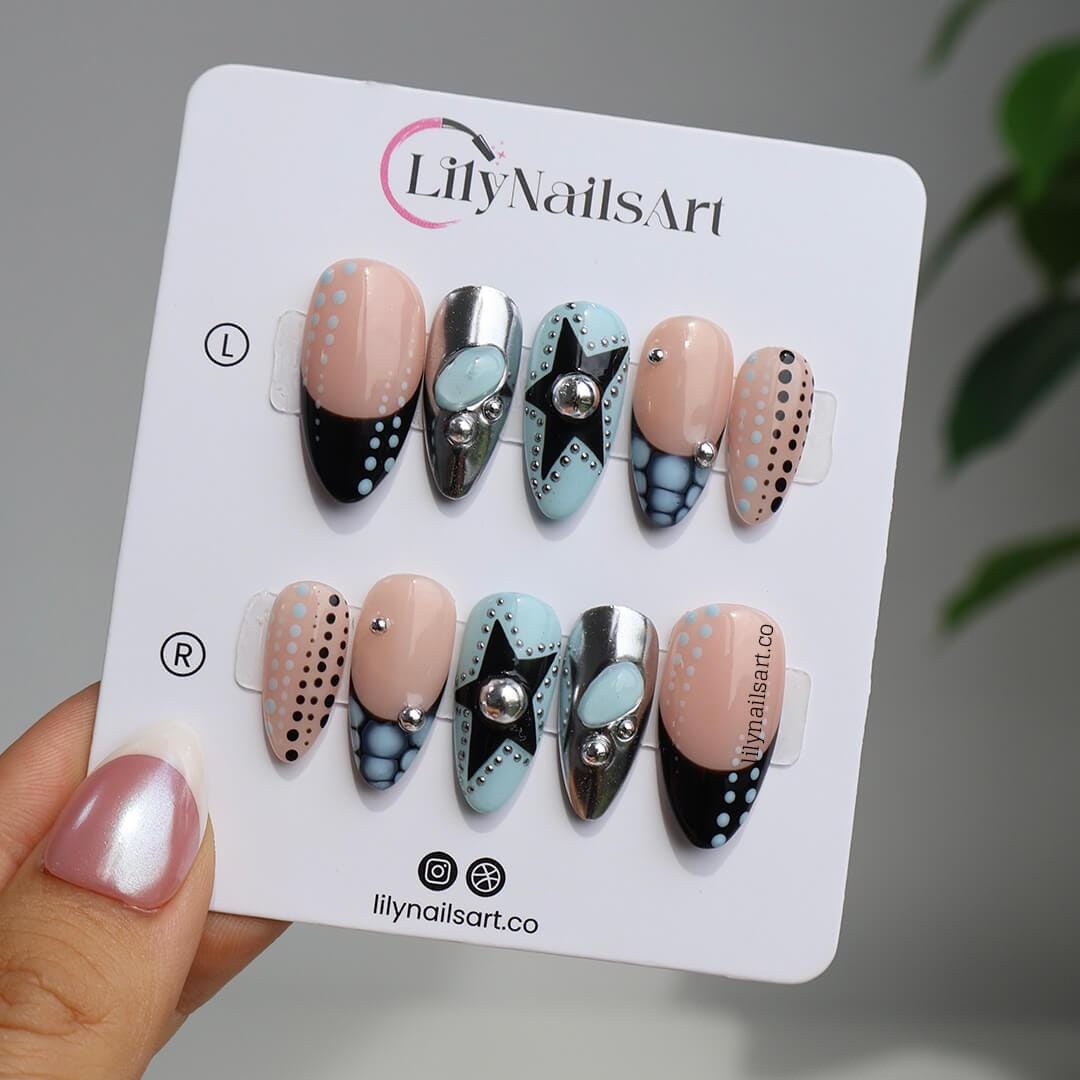 Trending Polka Dot Press On Nails in Blue & Silver Chrome, Medium Almond Black and White Fake Nails, Custom Nail Art for Party or Night Out