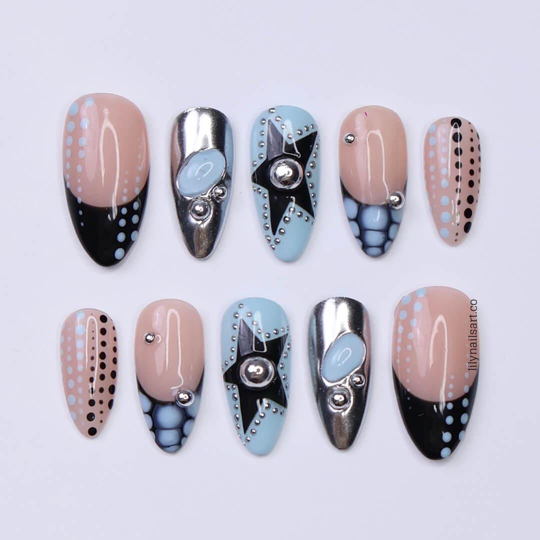 Trending Polka Dot Press On Nails in Blue & Silver Chrome, Medium Almond Black and White Fake Nails, Custom Nail Art for Party or Night Out