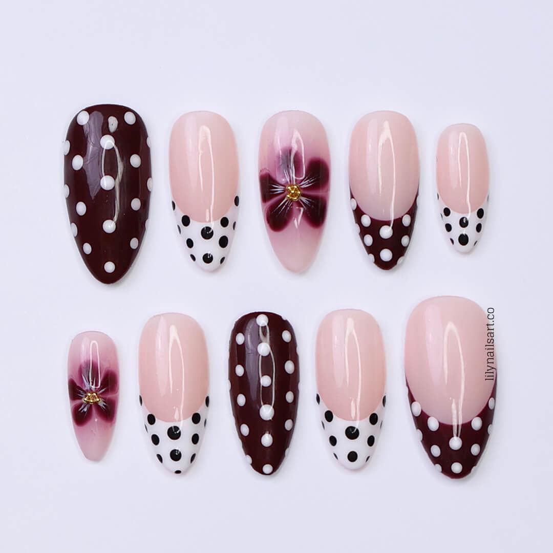 Polka Dot Press On Nails in Burgundy & White, Medium Almond Floral Accents French Tip Fake Nails, Custom Nail for Everyday Wear, Holiday