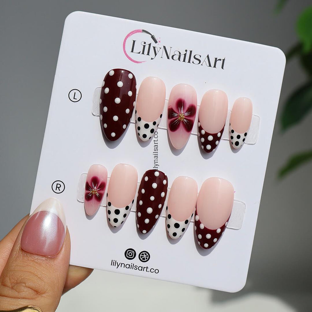 Polka Dot Press On Nails in Burgundy & White, Medium Almond Floral Accents French Tip Fake Nails, Custom Nail for Everyday Wear, Holiday