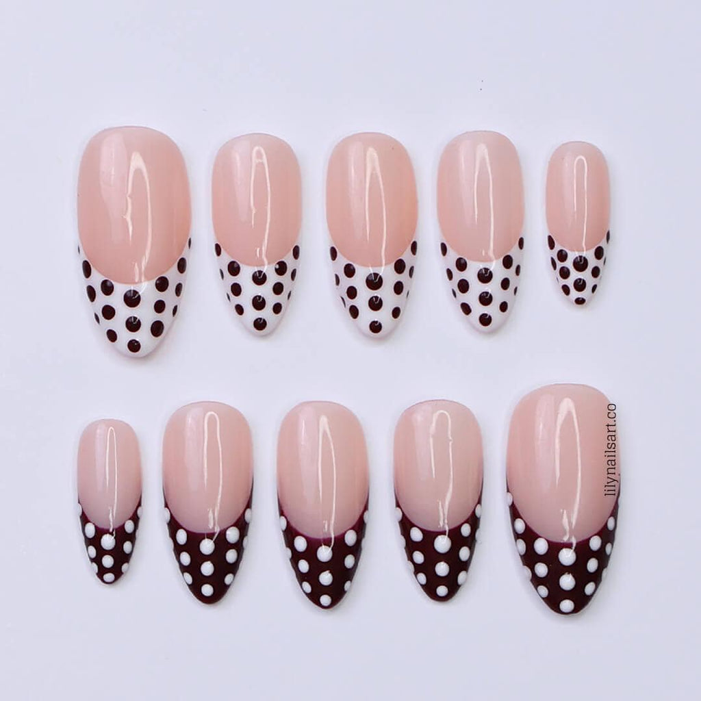 Trending Polka Dot French Tip Press On Nails with Nude Base, Medium Almond Burgundy and White Nails, Custom Handmade Nail Art for Everyday