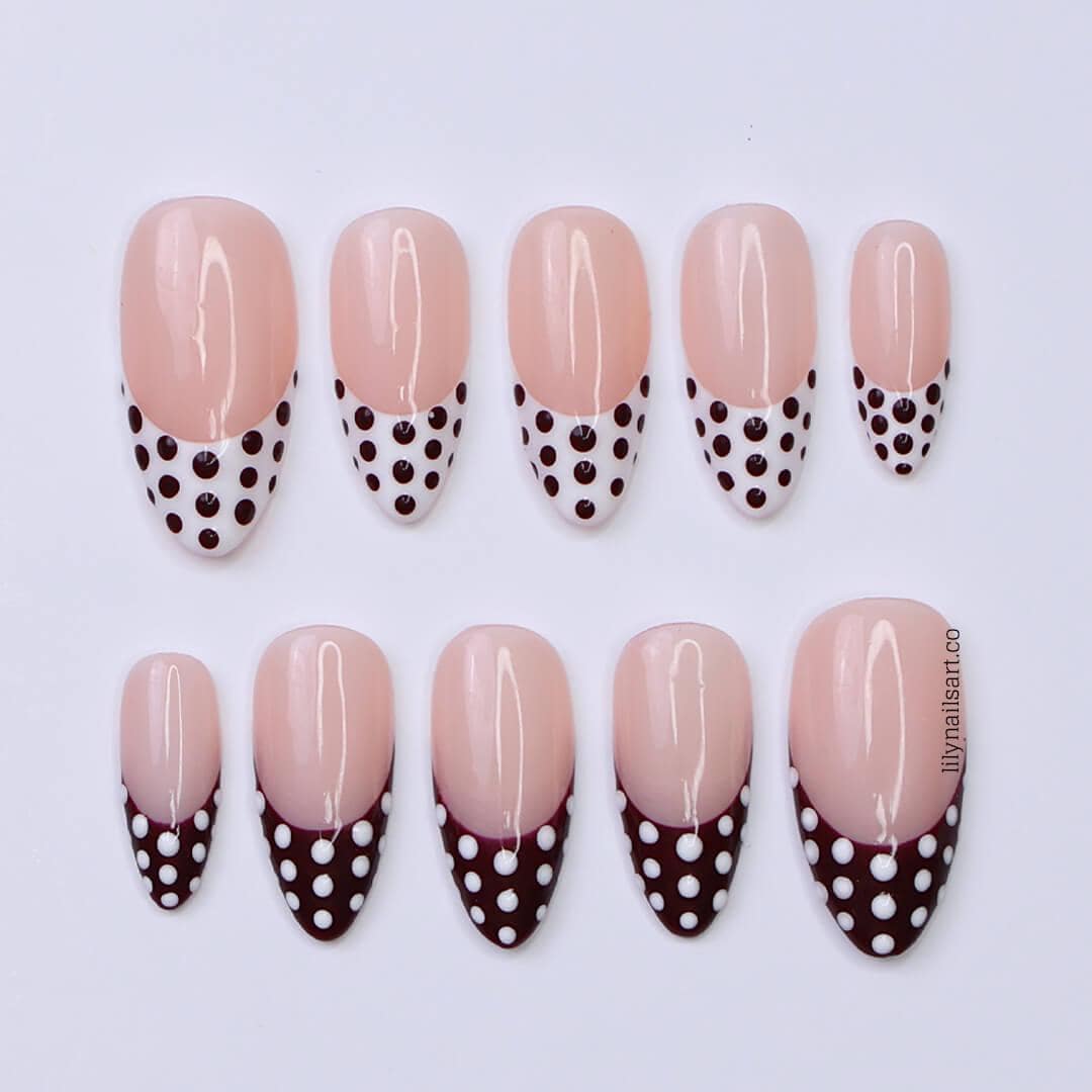 Trending Polka Dot French Tip Press On Nails with Nude Base, Medium Almond Burgundy and White Nails, Custom Handmade Nail Art for Everyday