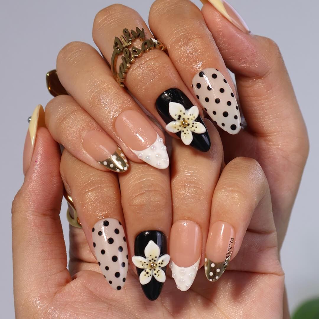 Polka Dot Press on Nail in Trending Yellow Butter, Medium Almond French Tip Fake Nail in Black & White,