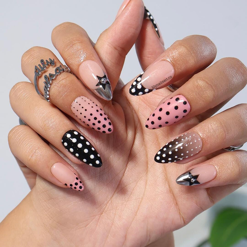 Polka Dot Press On Nails in Pink, Black & Metallic Chrome, Medium Almond Fake Dot Nails, Custom Nail Art for Vintage or Modern Chic Looks