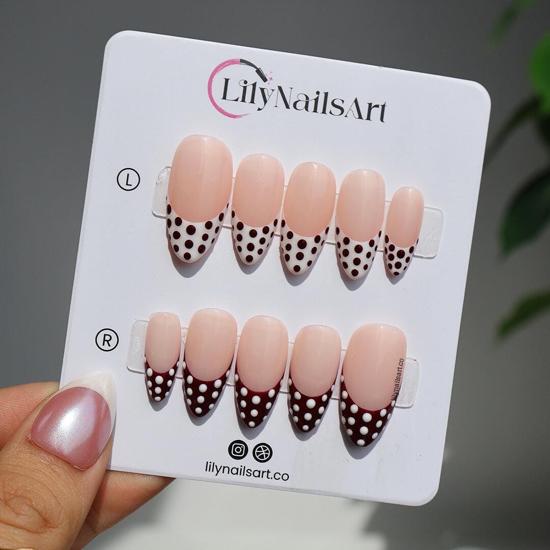 Trending Polka Dot French Tip Press On Nails with Nude Base, Medium Almond Burgundy and White Nails, Custom Handmade Nail Art for Everyday