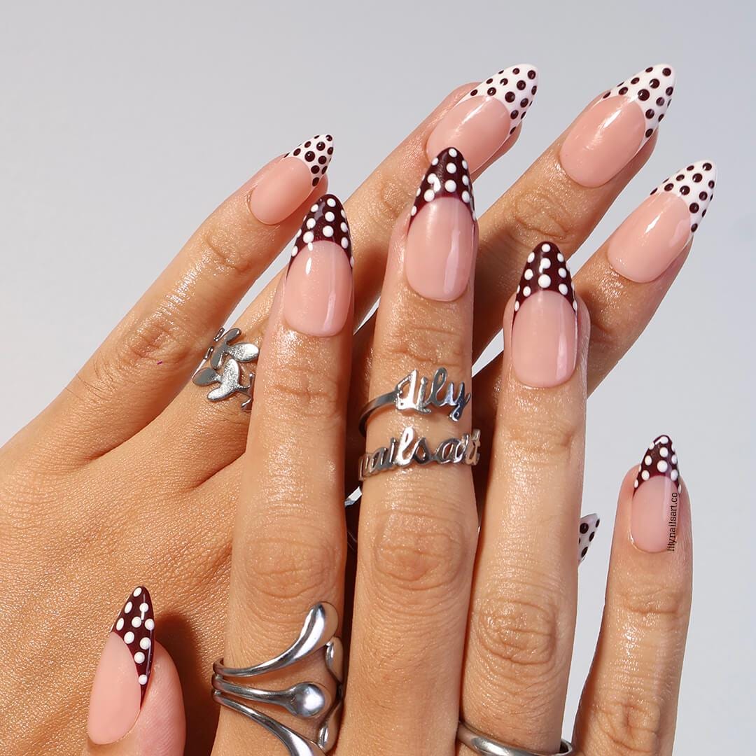 Trending Polka Dot French Tip Press On Nails with Nude Base, Medium Almond Burgundy and White Nails, Custom Handmade Nail Art for Everyday