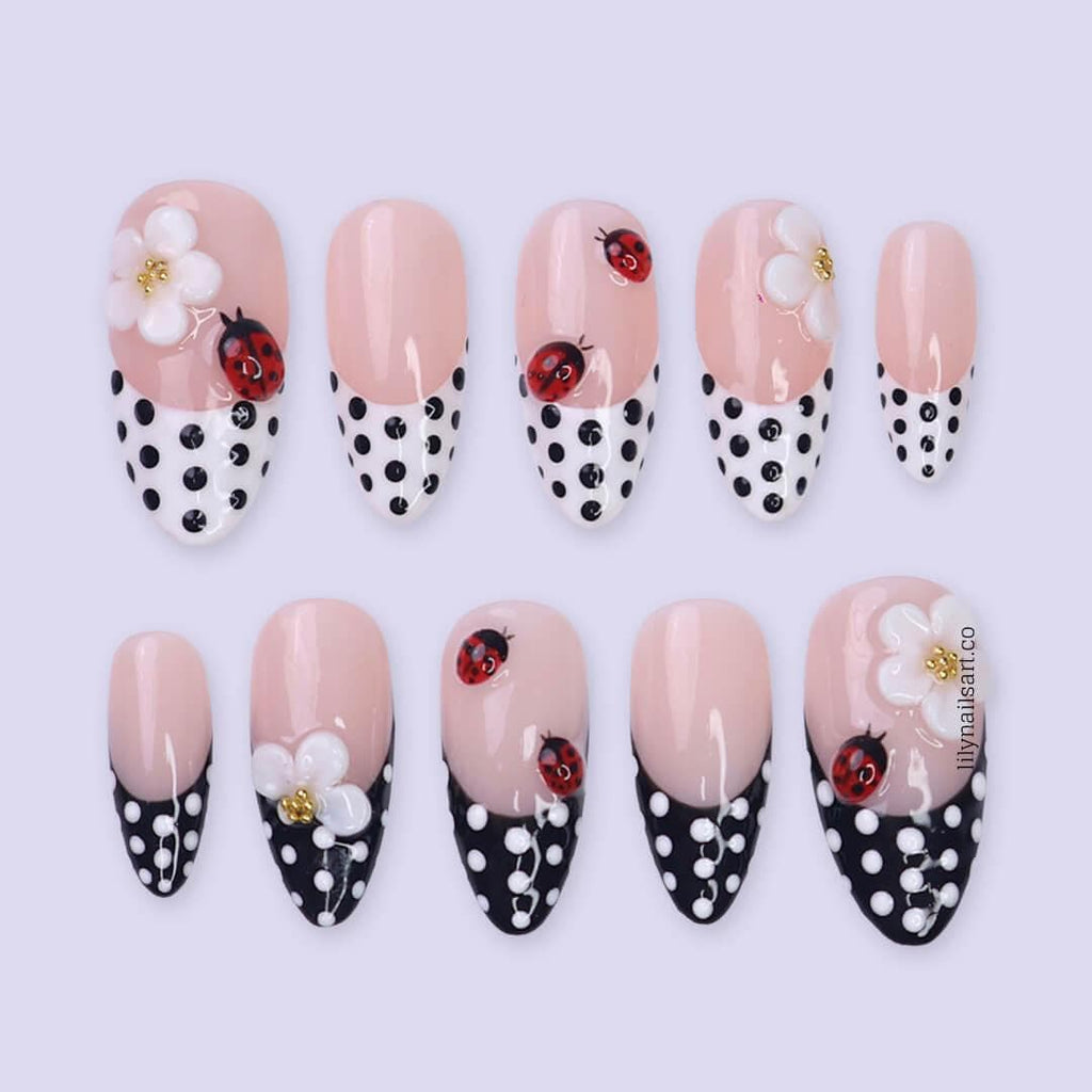Polka Dot Press on Nails with Ladybug & Daisy | French Tip Fake Nails in Medium Almond | Handmade Spring Nail Art for Everyday Wear Or Gift