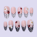 Polka Dot Press on Nails with Ladybug & Daisy | French Tip Fake Nails in Medium Almond | Handmade Spring Nail Art for Everyday Wear Or Gift