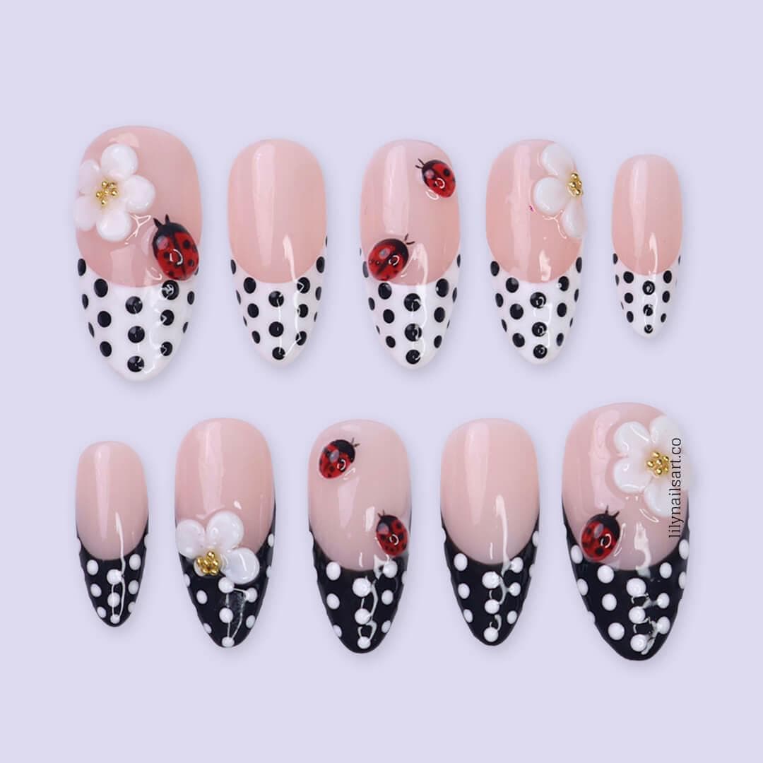 Polka Dot Press on Nails with Ladybug & Daisy | French Tip Fake Nails in Medium Almond | Handmade Spring Nail Art for Everyday Wear Or Gift