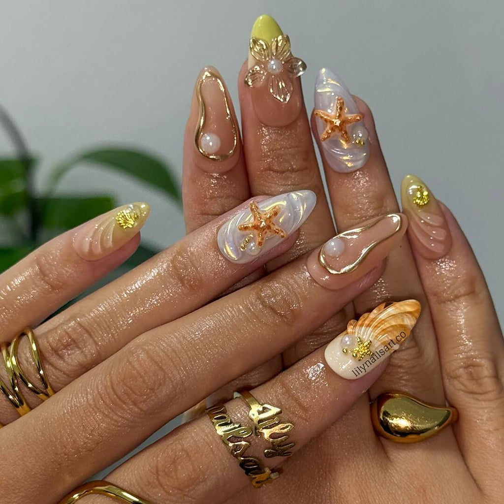 Summer Press on Nails with Starfish & 3D Flower | Gold Fake Nails in Medium Almond | Handmade Beach Nail Art for Vacation, Holiday, Party